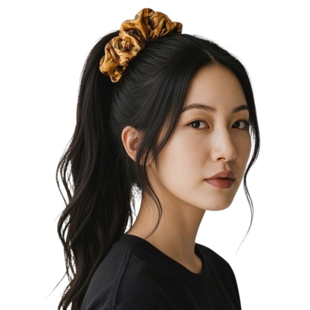 Handmade Yellow Sunflower Cotton Hair Scrunchie Medium Ponytail Holder Elastics